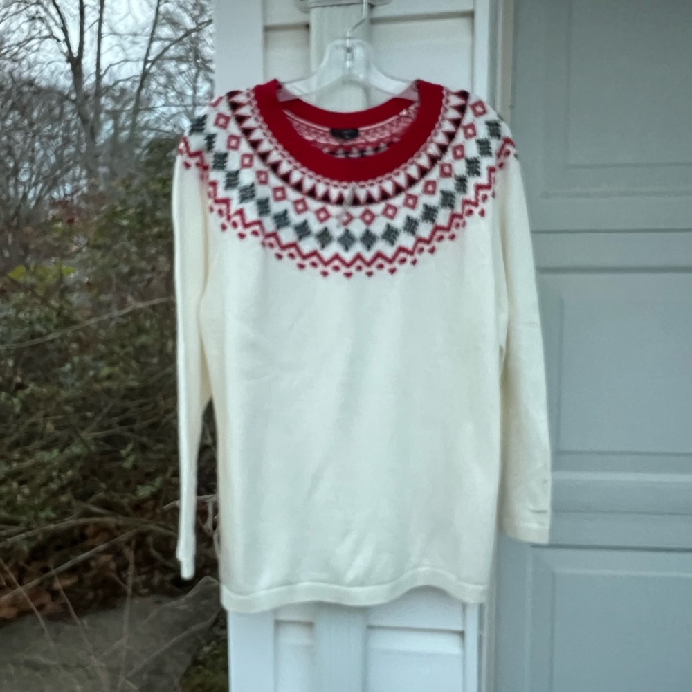 NWT Talbots Cozy Cream Red Black Fair Isle Long Sleeve Sweater - Picture 5 of 6